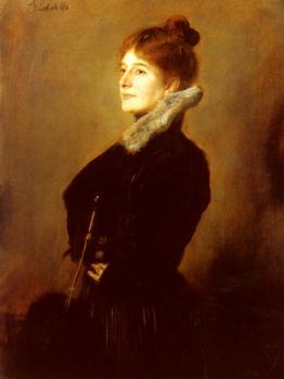 弗朗茨 馮 倫巴赫 Portrait Of A Lady Wearing A Black Coat With Fur Collar